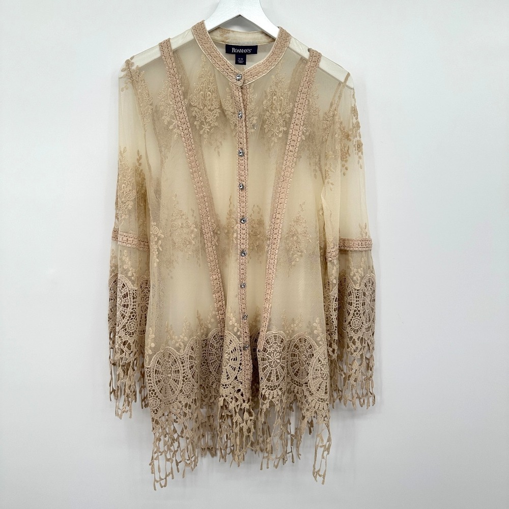Roamans Tunic Top Shirt Plus Size 16W Crochet Lace Sheer Coquette Fairy New